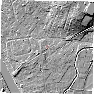 Shaded relief map of the ground around SL85AS, computed from Environment Agency LiDAR. The ground here sits at about 29 m above sea level and falls 25 m across the surrounding 800 m. Surface water reaching this point runs off ground lying to the south-south-west, 1.0 m higher.