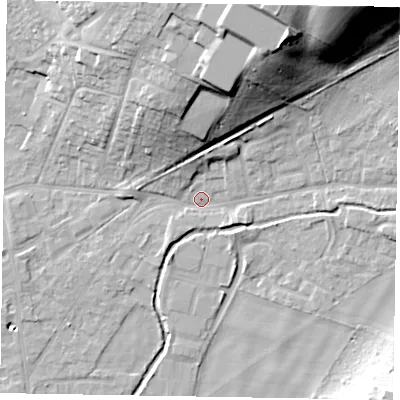 Shaded relief map of the ground around SL85AW, computed from Environment Agency LiDAR. The ground here sits at about 29 m above sea level and falls 31 m across the surrounding 800 m. Surface water reaching this point runs off ground lying to the north-east, 28.7 m higher.