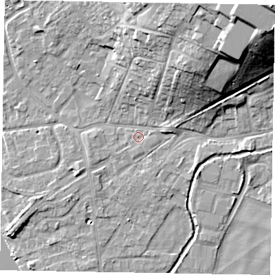 Shaded relief map of the ground around SL85AX, computed from Environment Agency LiDAR. The ground here sits at about 29 m above sea level and falls 29 m across the surrounding 800 m. Surface water reaching this point runs off ground lying to the east-north-east, 1.0 m higher.