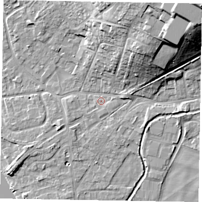 Shaded relief map of the ground around SL85AY, computed from Environment Agency LiDAR. The ground here sits at about 29 m above sea level and falls 29 m across the surrounding 800 m. Surface water reaching this point runs off ground lying to the east-north-east, 1.1 m higher.