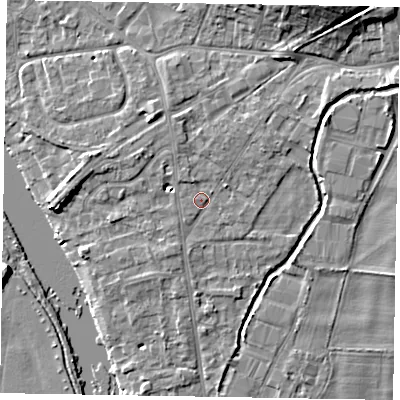 Shaded relief map of the ground around SL85AZ, computed from Environment Agency LiDAR. The ground here sits at about 29 m above sea level and falls 11 m across the surrounding 800 m. Surface water reaching this point runs off ground lying to the north-north-east, 2.4 m higher.