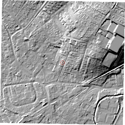 Shaded relief map of the ground around SL85BE, computed from Environment Agency LiDAR. The ground here sits at about 31 m above sea level and falls 35 m across the surrounding 800 m. Surface water reaching this point runs off ground lying to the north-east, 11.7 m higher.