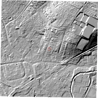 Shaded relief map of the ground around SL85BG, computed from Environment Agency LiDAR. The ground here sits at about 31 m above sea level and falls 35 m across the surrounding 800 m. Surface water reaching this point runs off ground lying to the north-east, 11.9 m higher.