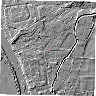 Shaded relief map of the ground around SL85DG, computed from Environment Agency LiDAR. The ground here sits at about 28 m above sea level and falls 7 m across the surrounding 800 m. Surface water reaching this point runs off ground lying to the north-north-east, 2.5 m higher.