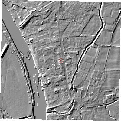 Shaded relief map of the ground around SL85DH, computed from Environment Agency LiDAR. The ground here sits at about 28 m above sea level and falls 6 m across the surrounding 800 m. Surface water reaching this point runs off ground lying to the north-north-west, 1.2 m higher.