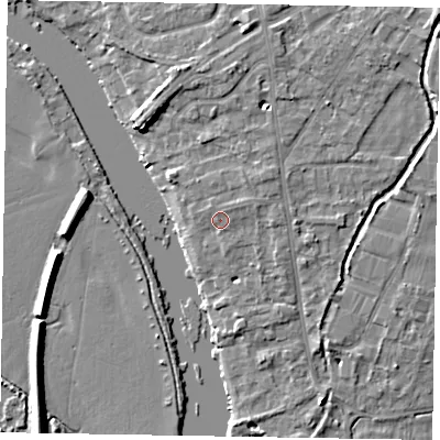 Shaded relief map of the ground around SL85DL, computed from Environment Agency LiDAR. The ground here sits at about 28 m above sea level and falls 7 m across the surrounding 800 m. Surface water reaching this point runs off ground lying to the east-north-east, 1.4 m higher.