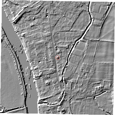 Shaded relief map of the ground around SL85DN, computed from Environment Agency LiDAR. The ground here sits at about 29 m above sea level and falls 6 m across the surrounding 800 m. Surface water reaching this point runs off ground lying to the north-north-west, 1.6 m higher.
