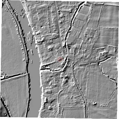 Shaded relief map of the ground around SL85DP, computed from Environment Agency LiDAR. The ground here sits at about 27 m above sea level and falls 6 m across the surrounding 800 m. Surface water reaching this point runs off ground lying to the east, 2.1 m higher.