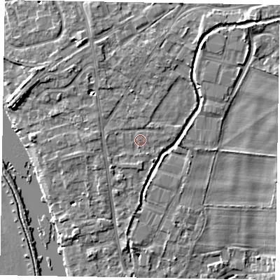 Shaded relief map of the ground around SL85DQ, computed from Environment Agency LiDAR. The ground here sits at about 29 m above sea level and falls 7 m across the surrounding 800 m. Surface water reaching this point runs off ground lying to the north-north-east, 1.9 m higher.