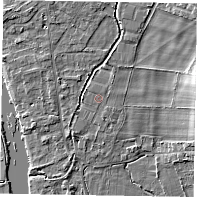 Shaded relief map of the ground around SL85DT, computed from Environment Agency LiDAR. The ground here sits at about 28 m above sea level and falls 10 m across the surrounding 800 m. Surface water reaching this point runs off ground lying to the north-north-east, 2.4 m higher.