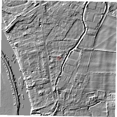 Shaded relief map of the ground around SL85DW, computed from Environment Agency LiDAR. The ground here sits at about 28 m above sea level and falls 7 m across the surrounding 800 m. Surface water reaching this point runs off ground lying to the east-north-east, 1.0 m higher.
