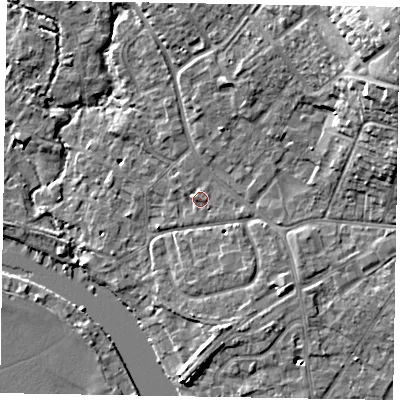 Shaded relief map of the ground around SL85DX, computed from Environment Agency LiDAR. The ground here sits at about 28 m above sea level and falls 20 m across the surrounding 800 m. Surface water reaching this point runs off ground lying to the north-east, 16.7 m higher.