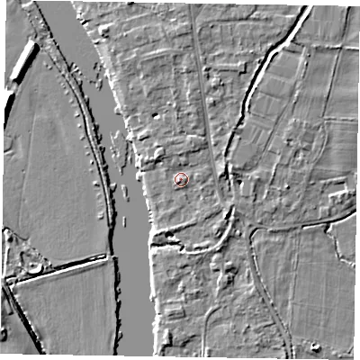 Shaded relief map of the ground around SL85DY, computed from Environment Agency LiDAR. The ground here sits at about 27 m above sea level and falls 7 m across the surrounding 800 m. Surface water reaching this point runs off ground lying to the north-north-east, 1.6 m higher.