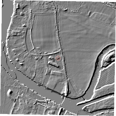 Shaded relief map of the ground around SL85DZ, computed from Environment Agency LiDAR. The ground here sits at about 26 m above sea level and falls 6 m across the surrounding 800 m. Surface water reaching this point runs off ground lying to the west, 2.2 m higher.