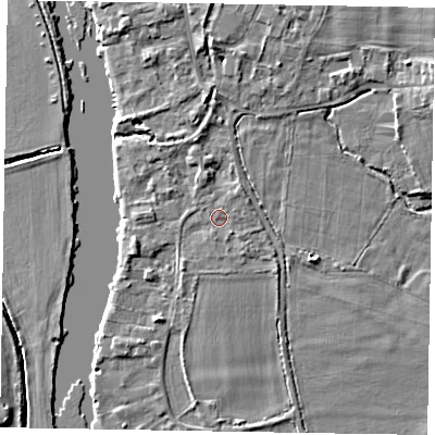 Shaded relief map of the ground around SL85EA, computed from Environment Agency LiDAR. The ground here sits at about 26 m above sea level and falls 5 m across the surrounding 800 m. Surface water reaching this point runs off ground lying to the south-east, 0.6 m higher.