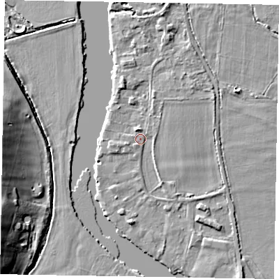 Shaded relief map of the ground around SL85EB, computed from Environment Agency LiDAR. The ground here sits at about 26 m above sea level and falls 11 m across the surrounding 800 m. Surface water reaching this point runs off ground lying to the north-north-west, 1.9 m higher.