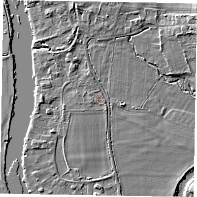 Shaded relief map of the ground around SL85ED, computed from Environment Agency LiDAR. The ground here sits at about 26 m above sea level and falls 8 m across the surrounding 800 m. Surface water reaching this point runs off ground lying to the south-east, 0.9 m higher.