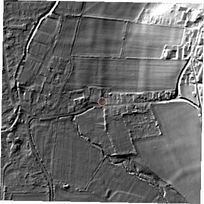 Shaded relief map of the ground around SL85EE, computed from Environment Agency LiDAR. The ground here sits at about 27 m above sea level and falls 30 m across the surrounding 800 m. Surface water reaching this point runs off ground lying to the east-north-east, 22.4 m higher.