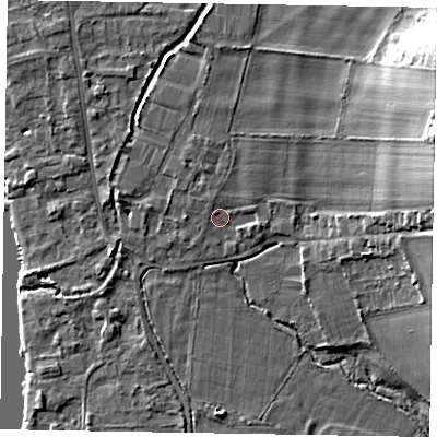 Shaded relief map of the ground around SL85EF, computed from Environment Agency LiDAR. The ground here sits at about 27 m above sea level and falls 17 m across the surrounding 800 m. Surface water reaching this point runs off ground lying to the east-north-east, 14.7 m higher.