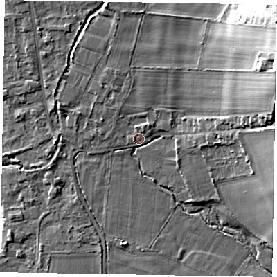 Shaded relief map of the ground around SL85EG, computed from Environment Agency LiDAR. The ground here sits at about 27 m above sea level and falls 21 m across the surrounding 800 m. Surface water reaching this point runs off ground lying to the east-north-east, 18.6 m higher.