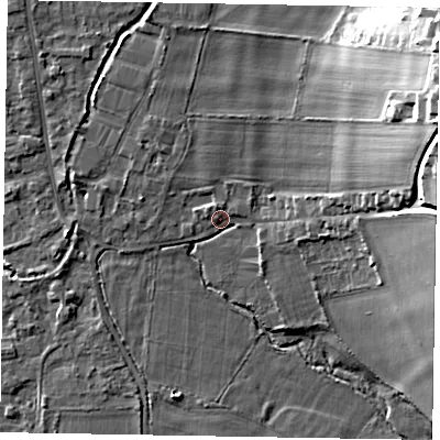 Shaded relief map of the ground around SL85EH, computed from Environment Agency LiDAR. The ground here sits at about 27 m above sea level and falls 24 m across the surrounding 800 m. Surface water reaching this point runs off ground lying to the east-north-east, 22.7 m higher.