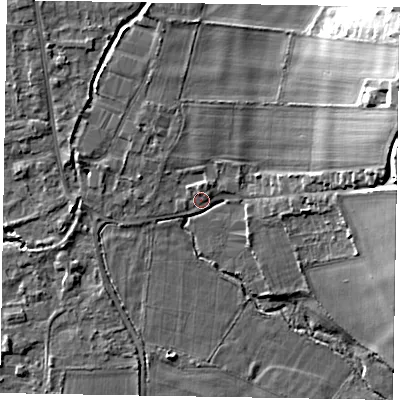 Shaded relief map of the ground around SL85EQ, computed from Environment Agency LiDAR. The ground here sits at about 27 m above sea level and falls 22 m across the surrounding 800 m. Surface water reaching this point runs off ground lying to the east-north-east, 20.1 m higher.