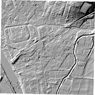 Shaded relief map of the ground around SL85FF, computed from Environment Agency LiDAR. The ground here sits at about 29 m above sea level and falls 22 m across the surrounding 800 m. Surface water reaching this point runs off ground lying to the north-east, 2.2 m higher.