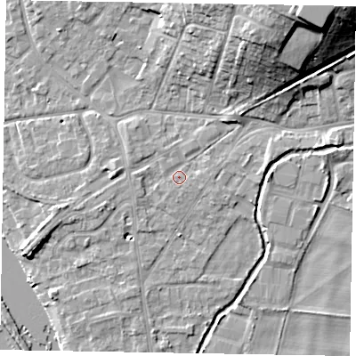Shaded relief map of the ground around SL85FN, computed from Environment Agency LiDAR. The ground here sits at about 29 m above sea level and falls 22 m across the surrounding 800 m. Surface water reaching this point runs off ground lying to the north-east, 2.0 m higher.