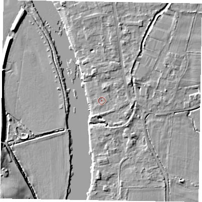 Shaded relief map of the ground around SL85GA, computed from Environment Agency LiDAR. The ground here sits at about 26 m above sea level and falls 13 m across the surrounding 800 m. Surface water reaching this point runs off ground lying to the north-east, 1.2 m higher.
