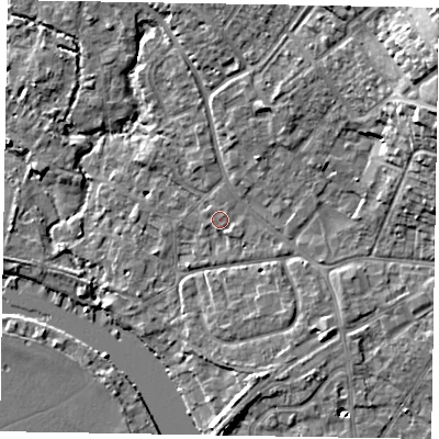 Shaded relief map of the ground around SL85GZ, computed from Environment Agency LiDAR. The ground here sits at about 28 m above sea level and falls 19 m across the surrounding 800 m. Surface water reaching this point runs off ground lying to the north-east, 15.7 m higher.