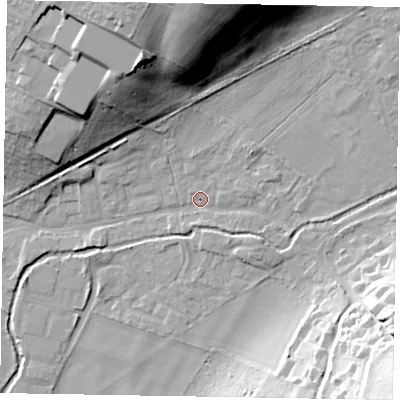 Shaded relief map of the ground around SL85HJ, computed from Environment Agency LiDAR. The ground here sits at about 30 m above sea level and falls 36 m across the surrounding 800 m. Surface water reaching this point runs off ground lying to the north, 32.9 m higher.