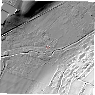 Shaded relief map of the ground around SL85HP, computed from Environment Agency LiDAR. The ground here sits at about 31 m above sea level and falls 54 m across the surrounding 800 m. Surface water reaching this point runs off ground lying to the south-east, 1.6 m higher.