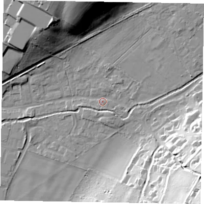 Shaded relief map of the ground around SL85HR, computed from Environment Agency LiDAR. The ground here sits at about 31 m above sea level and falls 47 m across the surrounding 800 m. Surface water reaching this point runs off ground lying to the east-south-east, 1.9 m higher.