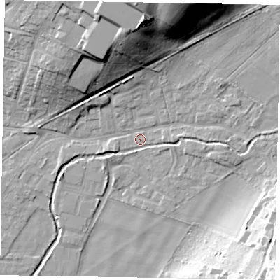 Shaded relief map of the ground around SL85HS, computed from Environment Agency LiDAR. The ground here sits at about 30 m above sea level and falls 28 m across the surrounding 800 m. Surface water reaching this point runs off ground lying to the north-north-east, 26.4 m higher.