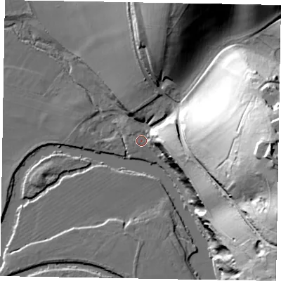 Shaded relief map of the ground around SL85JN, computed from Environment Agency LiDAR. The ground here sits at about 26 m above sea level and falls 69 m across the surrounding 800 m. Surface water reaching this point runs off ground lying to the east, 66.6 m higher.