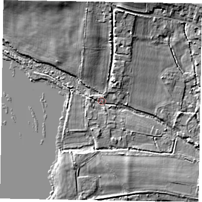 Shaded relief map of the ground around SL85PS, computed from Environment Agency LiDAR. The ground here sits at about 26 m above sea level and falls 10 m across the surrounding 800 m. Surface water reaching this point runs off ground lying to the west-north-west, 2.0 m higher.