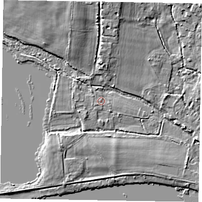 Shaded relief map of the ground around SL85PT, computed from Environment Agency LiDAR. The ground here sits at about 26 m above sea level and falls 8 m across the surrounding 800 m. Surface water reaching this point runs off ground lying to the south-west, 0.9 m higher.