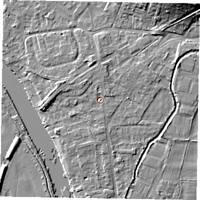 Shaded relief map of the ground around SL85QF, computed from Environment Agency LiDAR. The ground here sits at about 29 m above sea level and falls 13 m across the surrounding 800 m. Surface water reaching this point runs off ground lying to the north-north-west, 2.7 m higher.