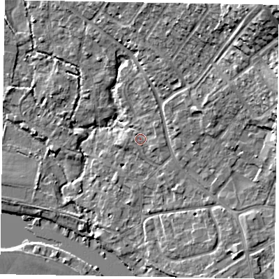 Shaded relief map of the ground around SL85QJ, computed from Environment Agency LiDAR. The ground here sits at about 28 m above sea level and falls 19 m across the surrounding 800 m. Surface water reaching this point runs off ground lying to the east-south-east, 1.1 m higher.