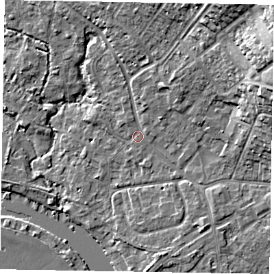 Shaded relief map of the ground around SL85QL, computed from Environment Agency LiDAR. The ground here sits at about 28 m above sea level and falls 19 m across the surrounding 800 m. Surface water reaching this point runs off ground lying to the east-north-east, 16.3 m higher.