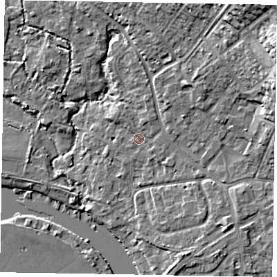 Shaded relief map of the ground around SL85QN, computed from Environment Agency LiDAR. The ground here sits at about 27 m above sea level and falls 16 m across the surrounding 800 m. Surface water reaching this point runs off ground lying to the north-east, 13.4 m higher.