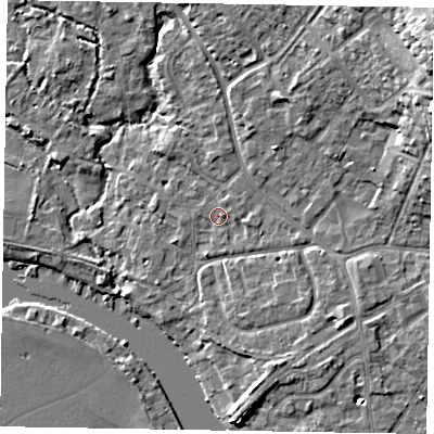 Shaded relief map of the ground around SL85QP, computed from Environment Agency LiDAR. The ground here sits at about 27 m above sea level and falls 17 m across the surrounding 800 m. Surface water reaching this point runs off ground lying to the east-north-east, 12.0 m higher.