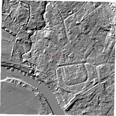 Shaded relief map of the ground around SL85QR, computed from Environment Agency LiDAR. The ground here sits at about 27 m above sea level and falls 16 m across the surrounding 800 m. Surface water reaching this point runs off ground lying to the east-north-east, 10.1 m higher.