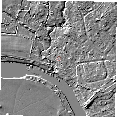 Shaded relief map of the ground around SL85QS, computed from Environment Agency LiDAR. The ground here sits at about 27 m above sea level and falls 10 m across the surrounding 800 m. Surface water reaching this point runs off ground lying to the south-east, 0.9 m higher.