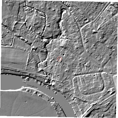 Shaded relief map of the ground around SL85QT, computed from Environment Agency LiDAR. The ground here sits at about 27 m above sea level and falls 13 m across the surrounding 800 m. Surface water reaching this point runs off ground lying to the south-south-east, 1.1 m higher.