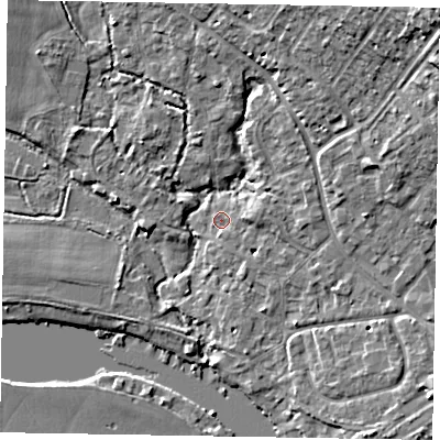Shaded relief map of the ground around SL85QU, computed from Environment Agency LiDAR. The ground here sits at about 26 m above sea level and falls 16 m across the surrounding 800 m. Surface water reaching this point runs off ground lying to the east, 1.8 m higher.