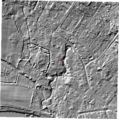 Shaded relief map of the ground around SL85QY, computed from Environment Agency LiDAR. The ground here sits at about 27 m above sea level and falls 19 m across the surrounding 800 m. Surface water reaching this point runs off ground lying to the north-east, 2.2 m higher.