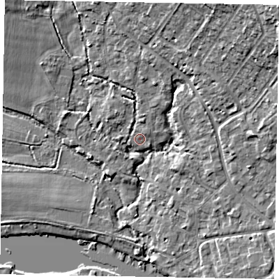 Shaded relief map of the ground around SL85QZ, computed from Environment Agency LiDAR. The ground here sits at about 27 m above sea level and falls 16 m across the surrounding 800 m. Surface water reaching this point runs off ground lying to the north-east, 0.9 m higher.