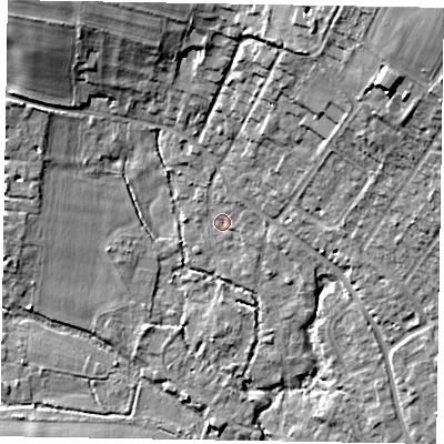Shaded relief map of the ground around SL85RD, computed from Environment Agency LiDAR. The ground here sits at about 28 m above sea level and falls 23 m across the surrounding 800 m. Surface water reaching this point runs off ground lying to the north-north-east, 12.2 m higher.