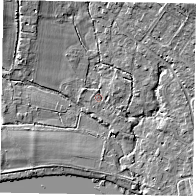 Shaded relief map of the ground around SL85RE, computed from Environment Agency LiDAR. The ground here sits at about 27 m above sea level and falls 13 m across the surrounding 800 m. Surface water reaching this point runs off ground lying to the north-north-east, 6.1 m higher.